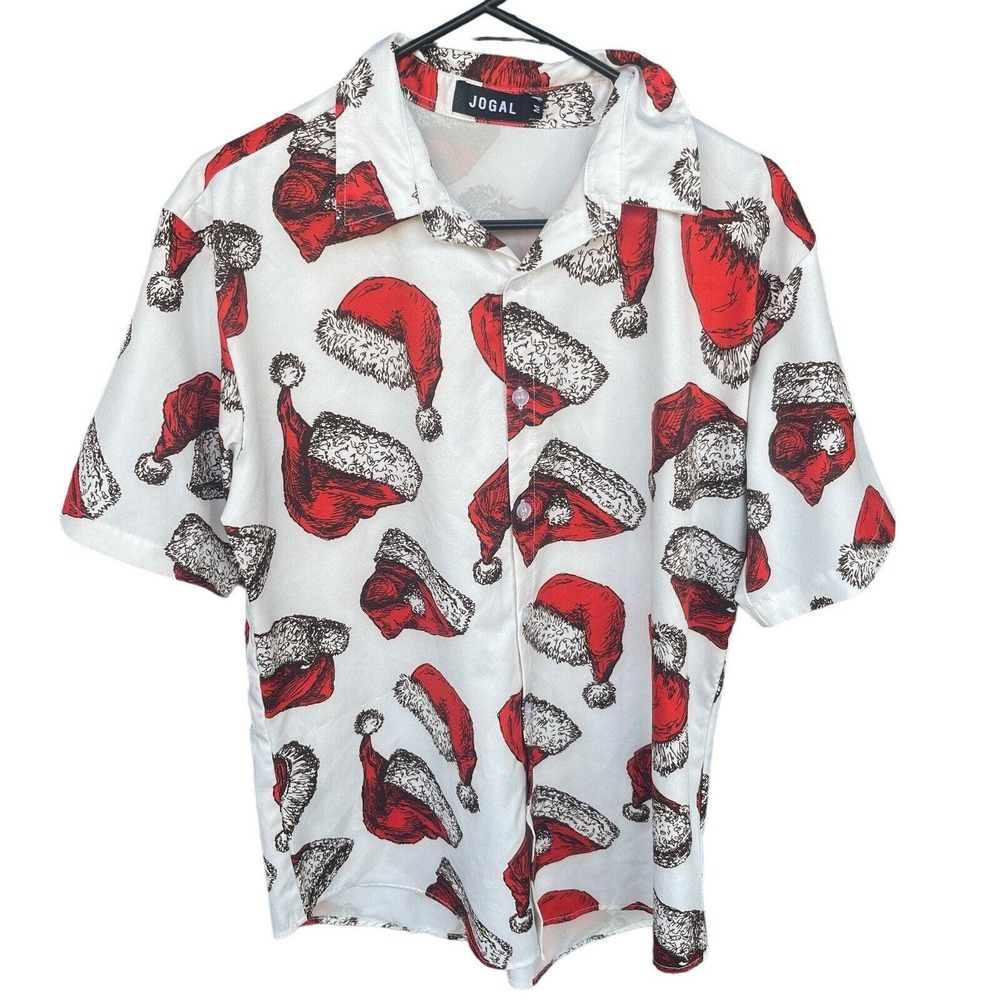 Jogal Shirt Mens Medium Santa Hat Button Up Lightweight‎ Short Sleeve Christmas